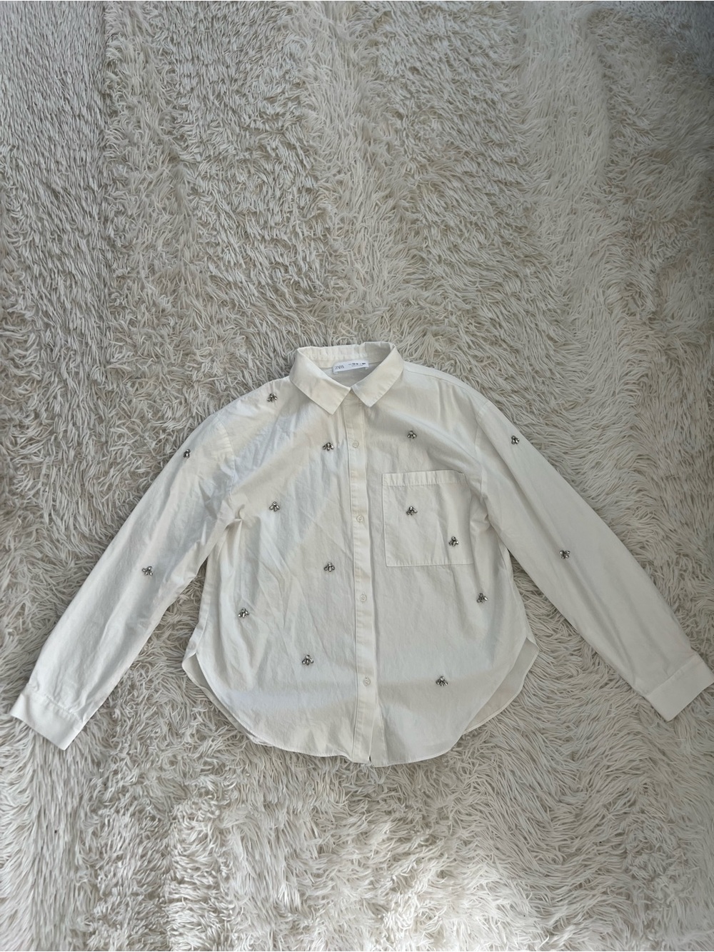 Zara White Button-Down Shirt with Small Embroidered Beaded Stone Accents